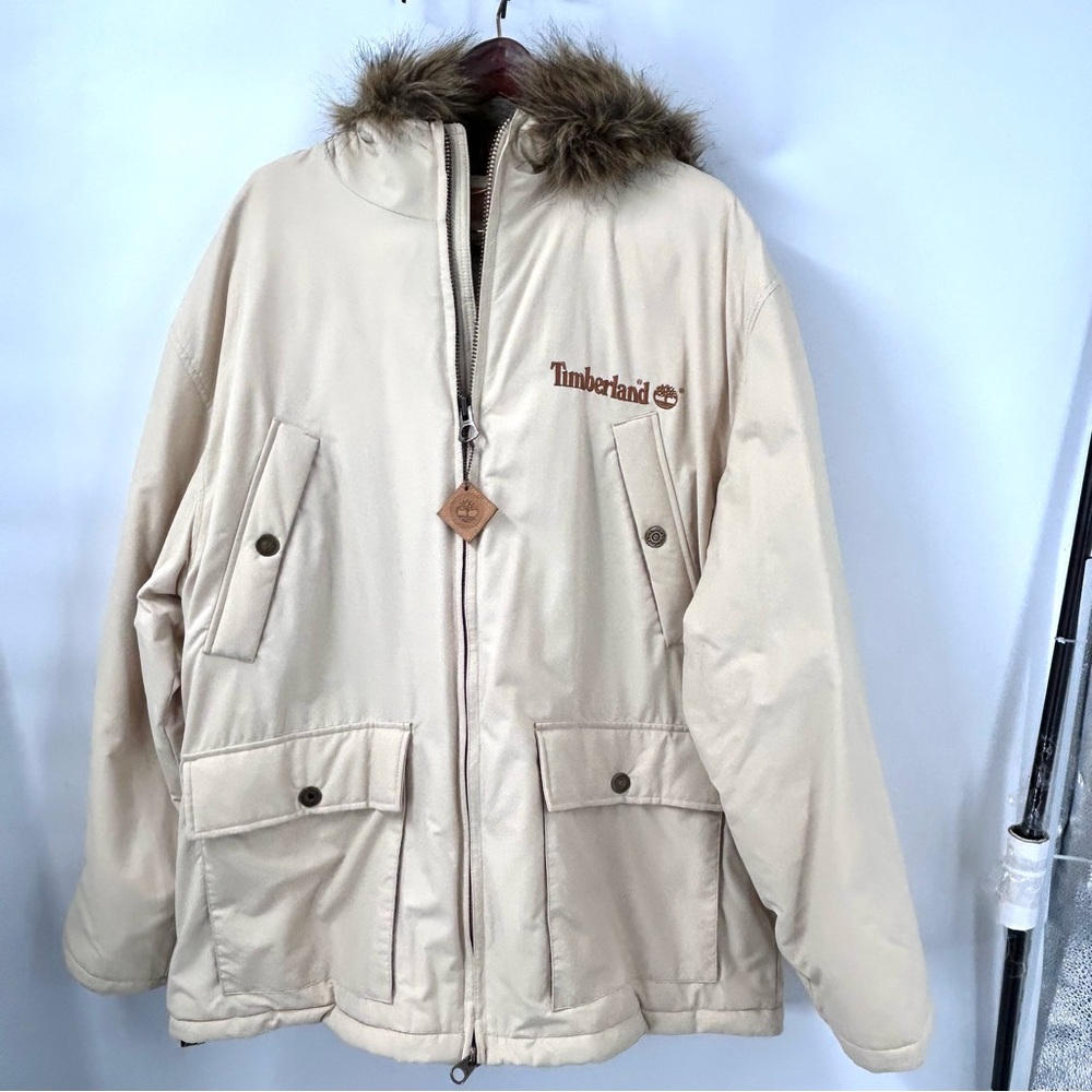 Timberland Beige/Cream Hooded Puffer Lined  Jacket with Faux Fur Trim